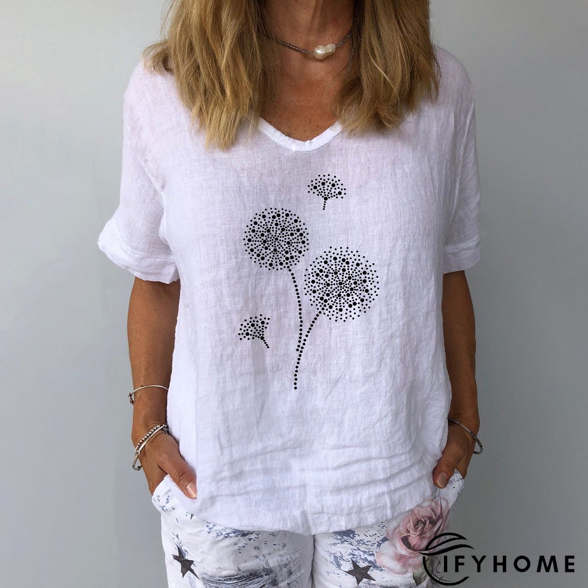 Short Sleeve Casual Dandelion Printed V Neck T-shirt | IFYHOME