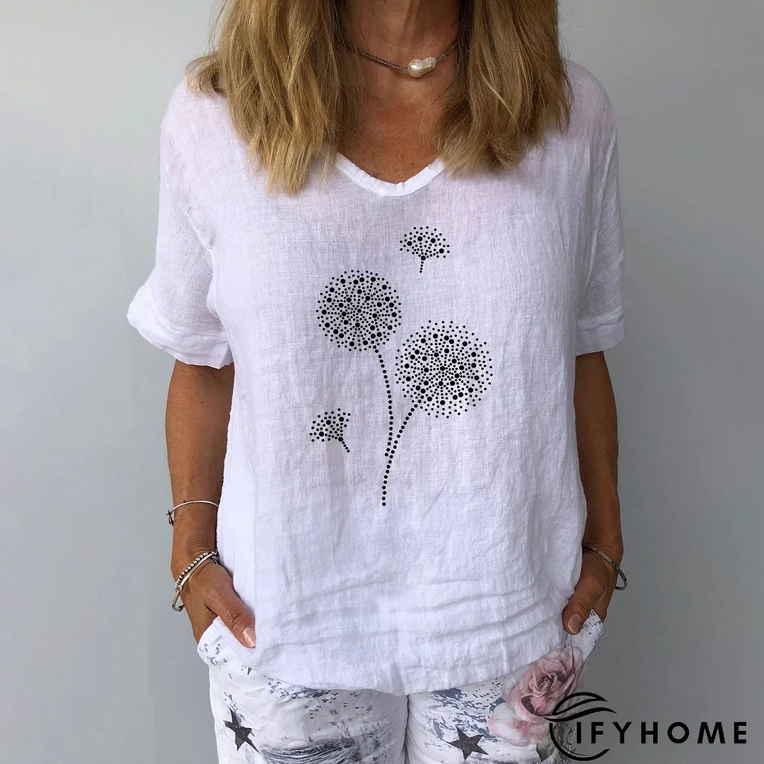 Short Sleeve Casual Dandelion Printed V Neck T-shirt | IFYHOME