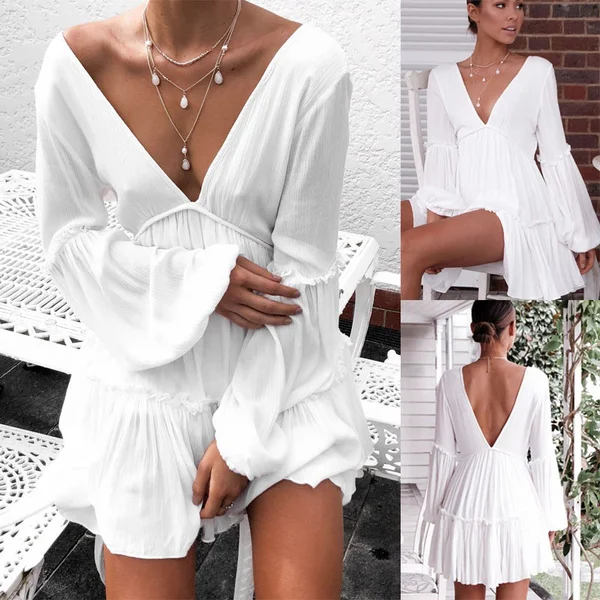 Women Fashion Trumpet Long Sleeve White Dress V-neck Mini Dress Robe Femme