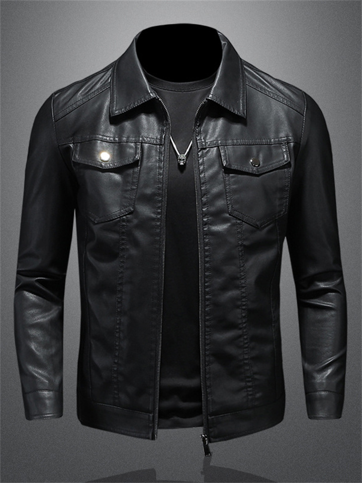 Men's Casual Basic Section Solid Color Leather Jacket Slim Trend Lapel Biker Jacket Men's Leather Zipper Insert Pockets Jacket