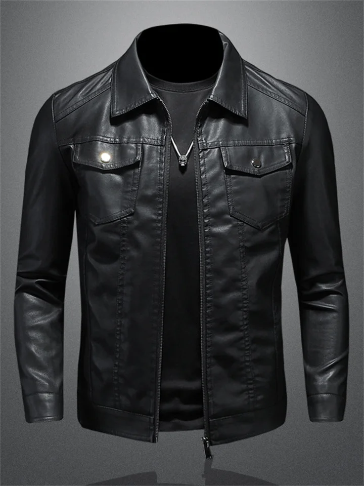 Men's Casual Basic Section Solid Color Leather Jacket Slim Trend Lapel Biker Jacket Men's Leather Zipper Insert Pockets Jacket-Cosfine