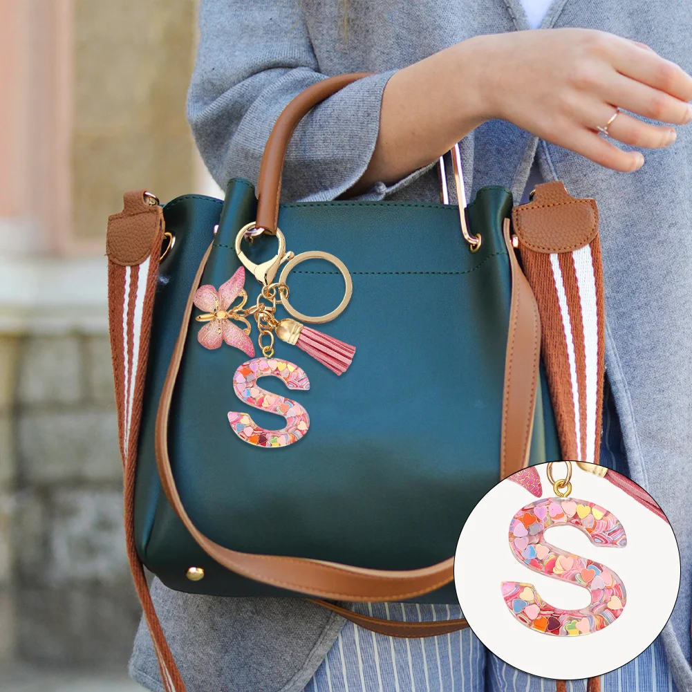 Resin Initial Letter Keychains Alphabet Letter Keychain Pink Tassel Butterfly Key Ring