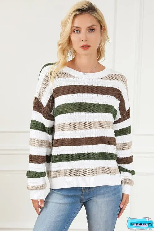 Striped Openwork Dropped Shoulder Sweater