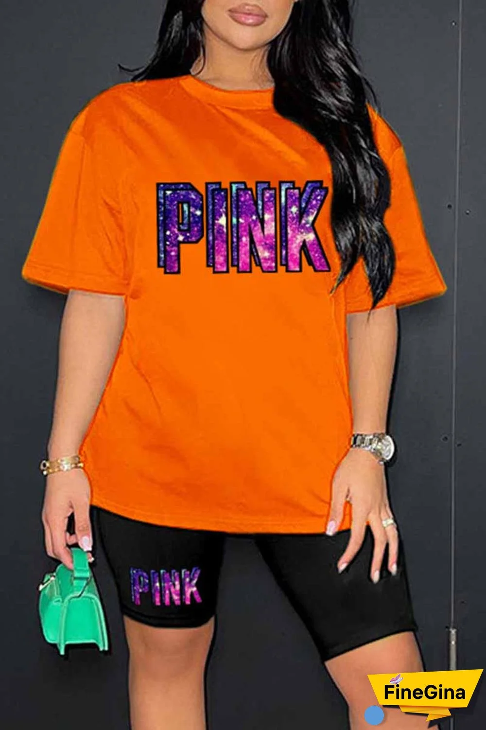 Blue Casual Print Letter O Neck Short Sleeve Two Pieces