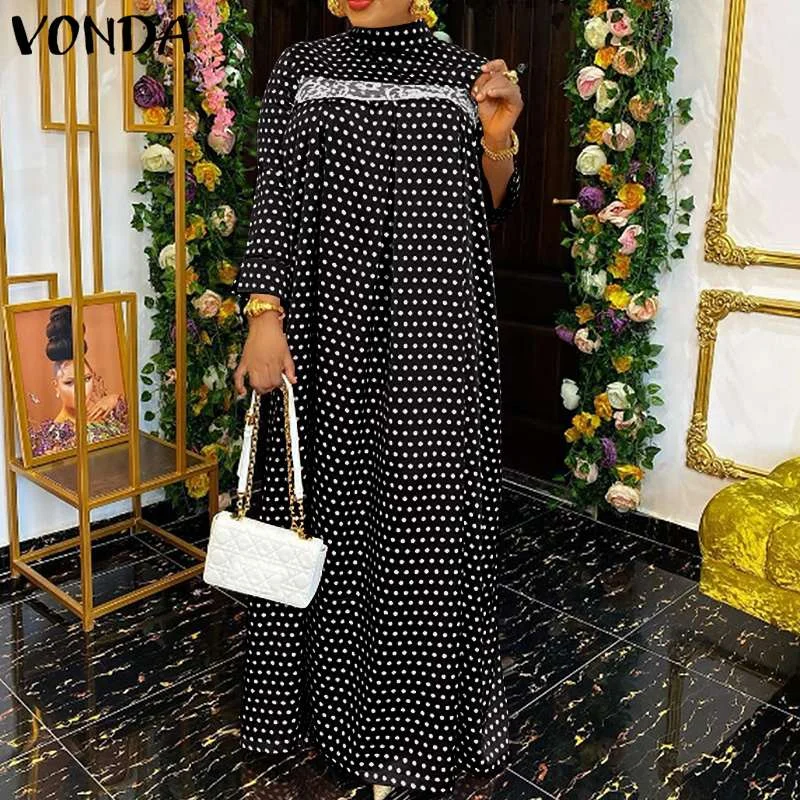 Bohemian Long Maxi Dress Women Casual Long Sleeve Vestidos 2022 VONDA Vintage Polka Dot Lace Pleated Robes Longue Sundress