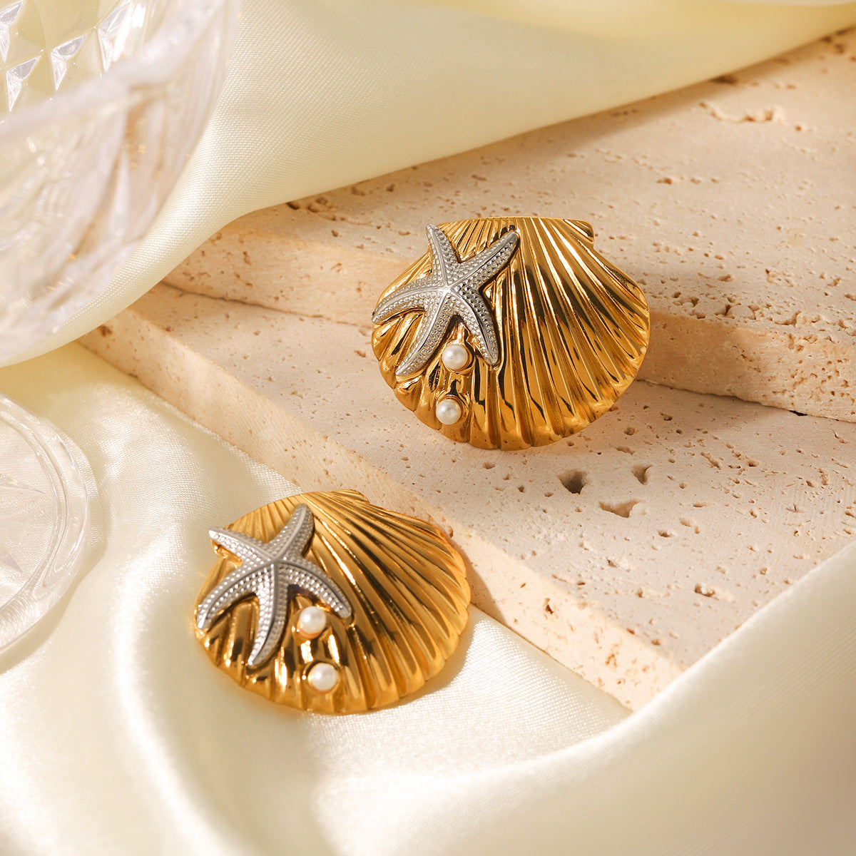 Stainless Steel Starfish Pearl Earrings Shell Earrings Gold And Silver Color Matching Titanium Steel Earrings