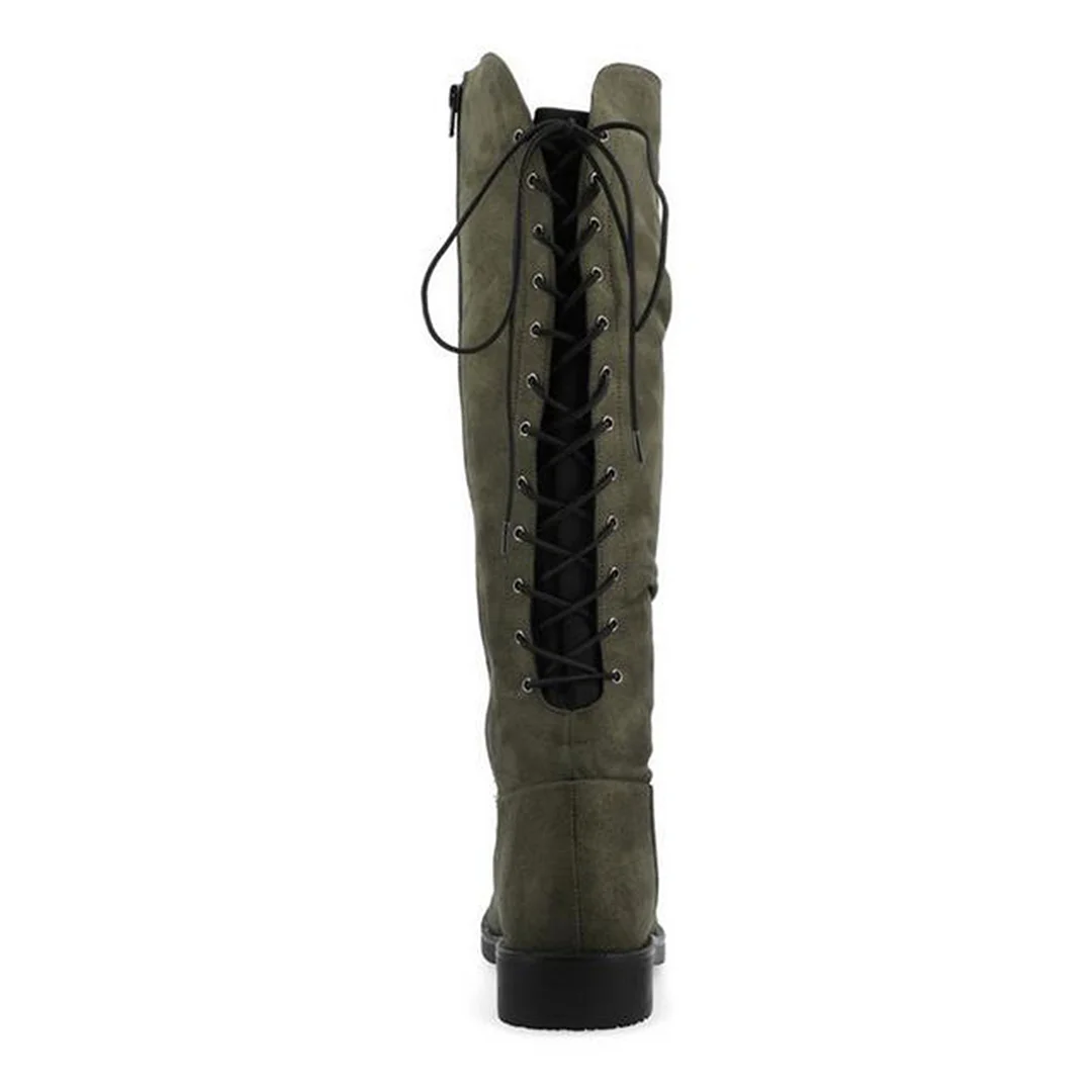 Olive Faux Suede Round Toe Rear Lace-Up Knee-High Boots