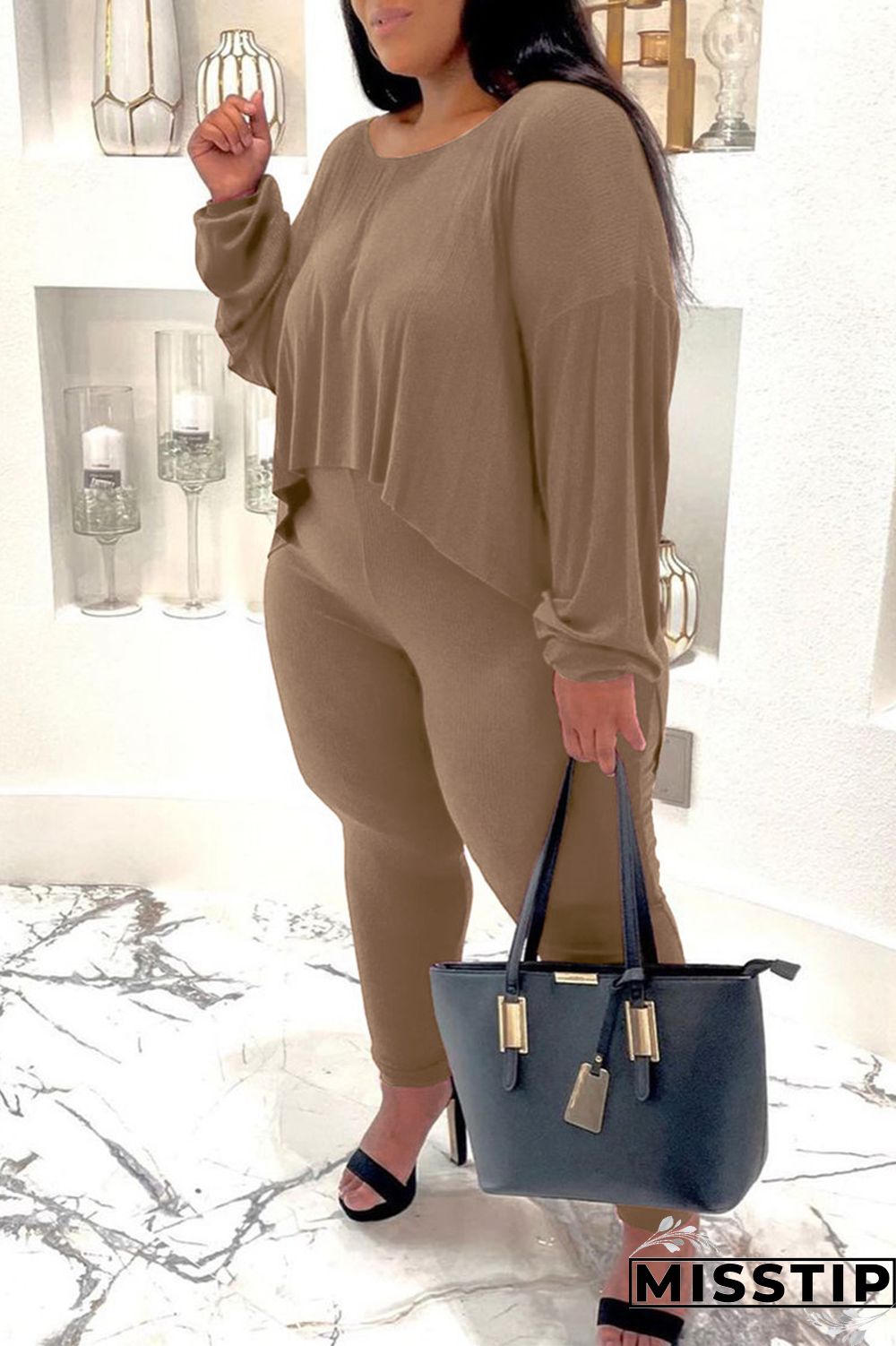 Burgundy Casual Solid Patchwork O Neck Plus Size Two Pieces