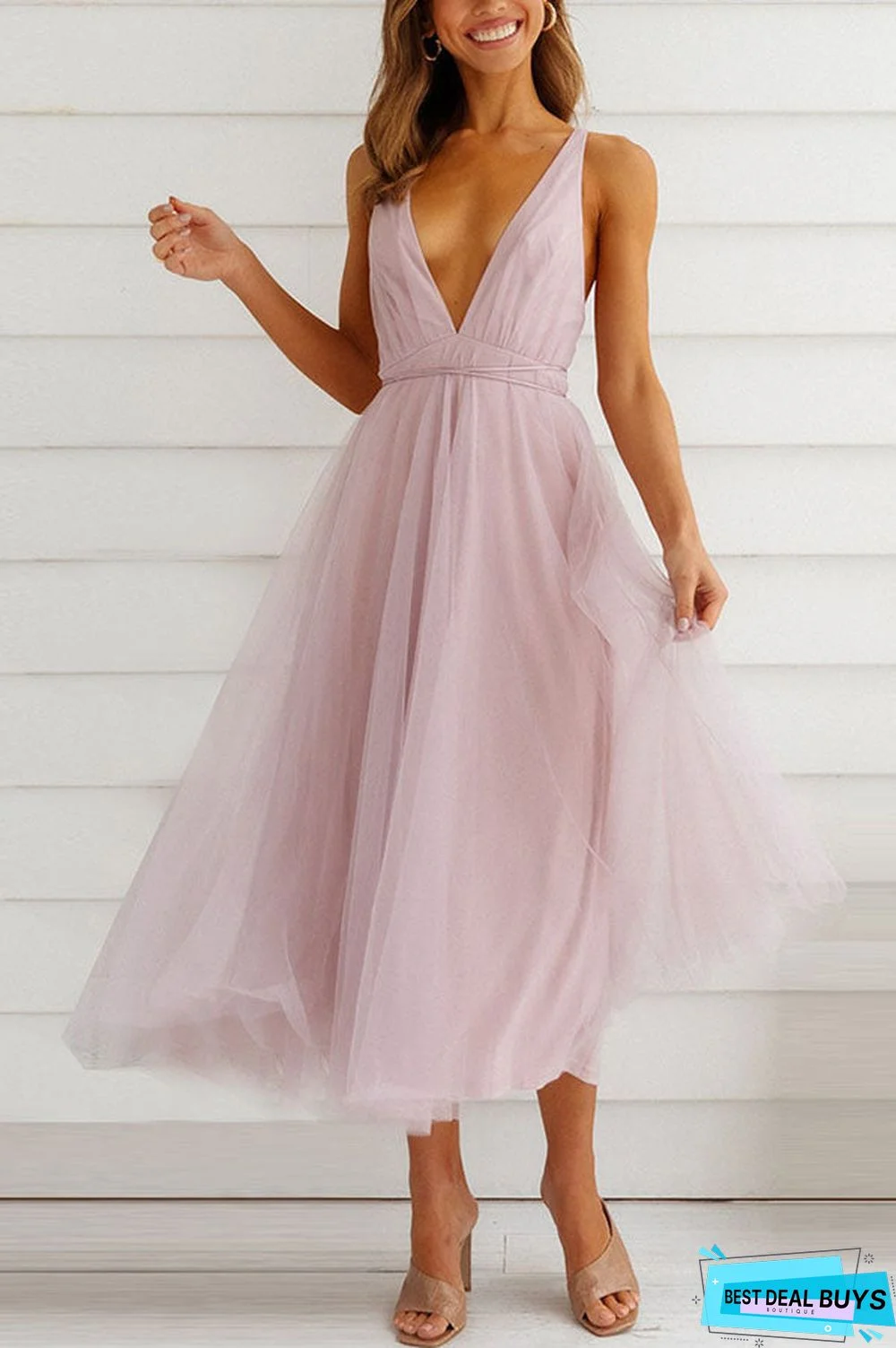 Feeling Romantic V Neck Tulle Midi Dress