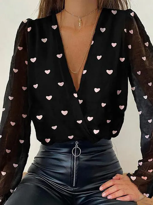 Deep V-Neck Three Styles Pattern Women Chiffon Top