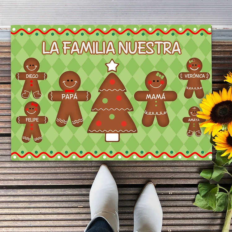 Navidad-felpudo/alfombra de entrada familia de hombres de jengibre personalizado con 6 nombres