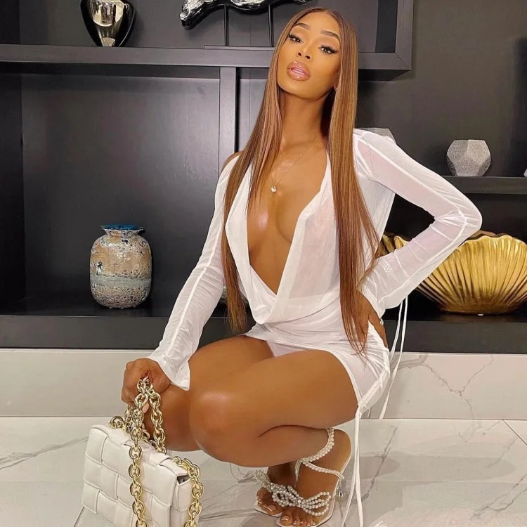 Summer Sexy Deep V-Neck Long Sleeve Top See ThroughTwo Piece Skirt Set