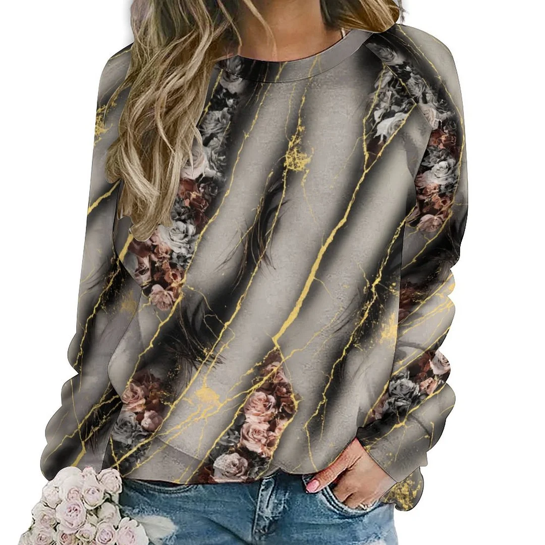 Printed Long Sleeve Casual Sweatshirt for  Women and Men Unisex Pattern Black, Floral, Rose, Marble