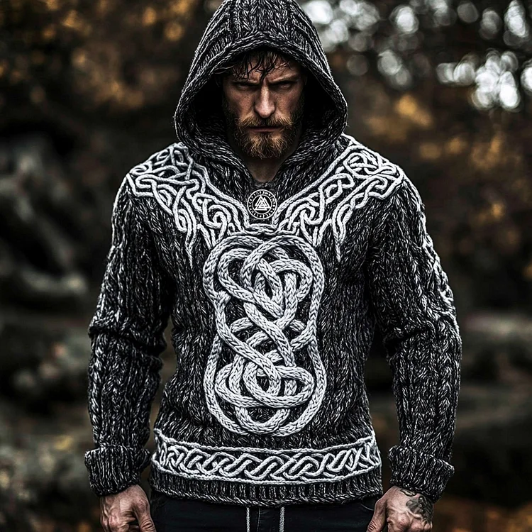 Men's Vintage Viking Runes Celtic Cozy Chunky Hooded Sweater