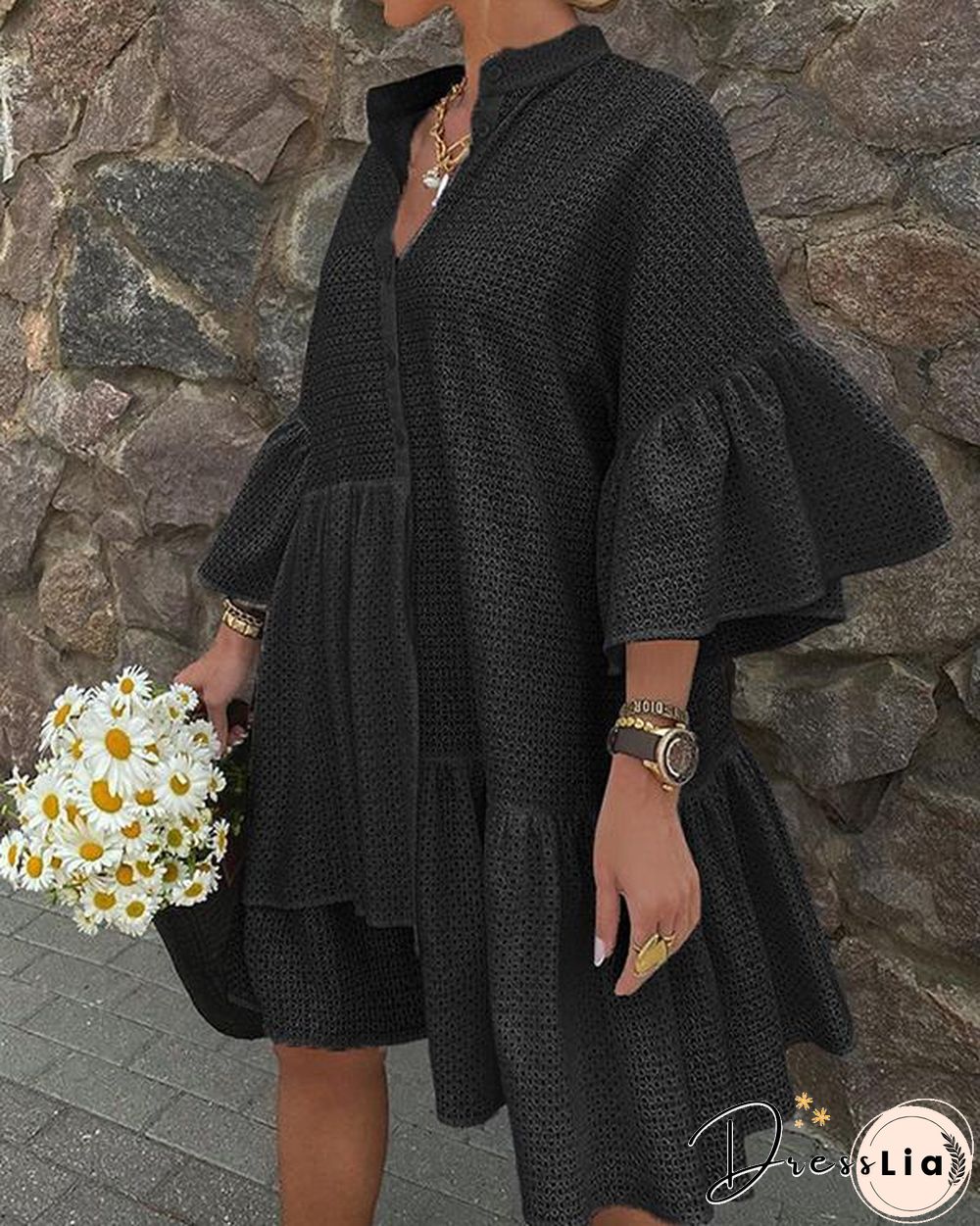 Flare Sleeve Solid Casual Big Hem Shirt Dress
