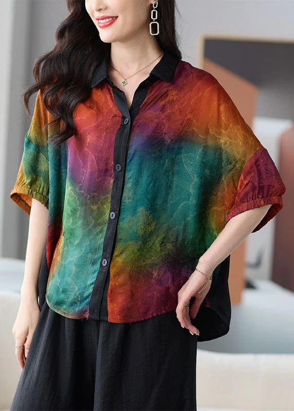 DIY Colorblock Peter Pan Collar Button Patchwork Silk Shirts Summer