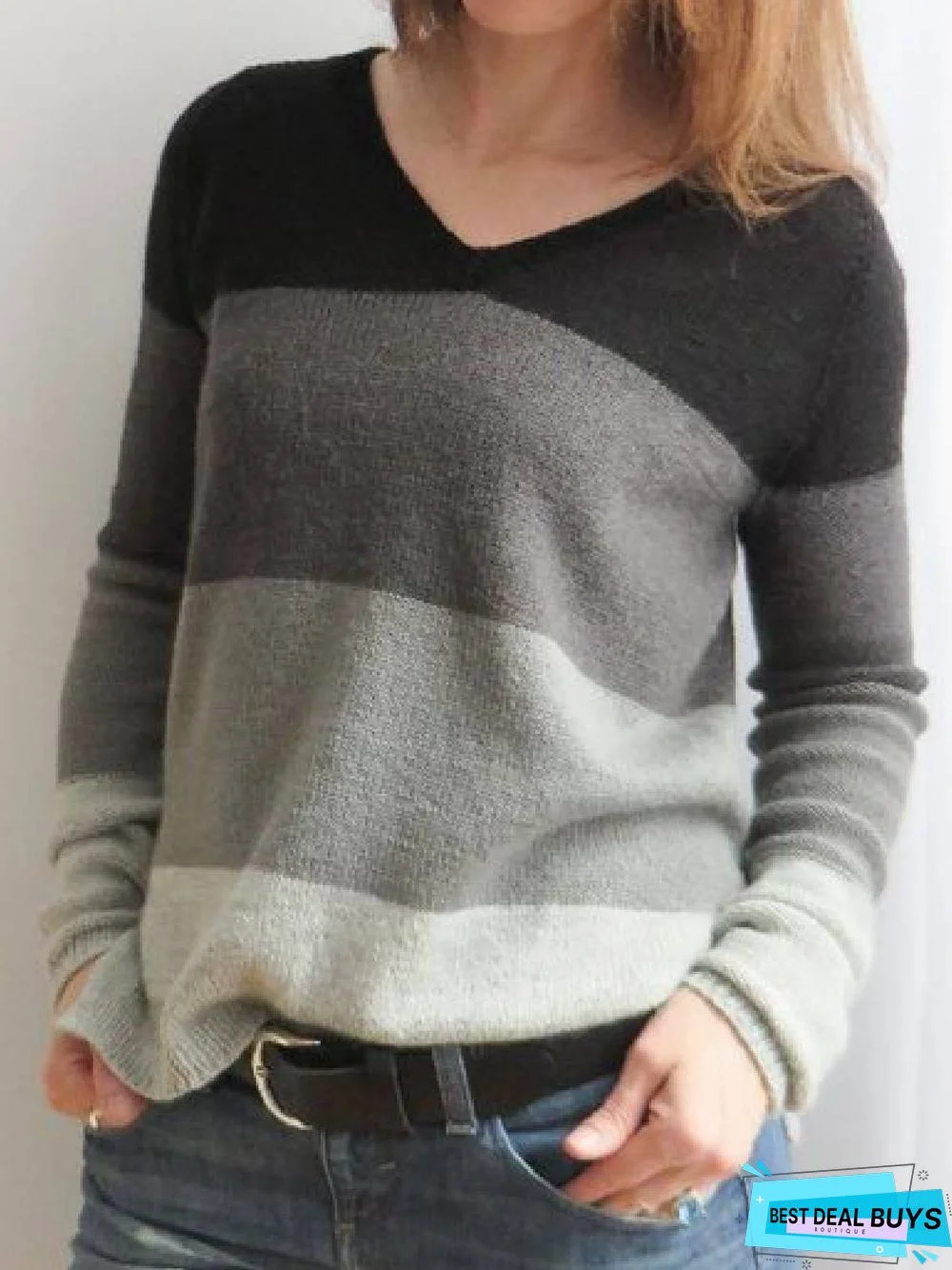 Black Long Sleeve Cotton-Blend Color-Block Sweater