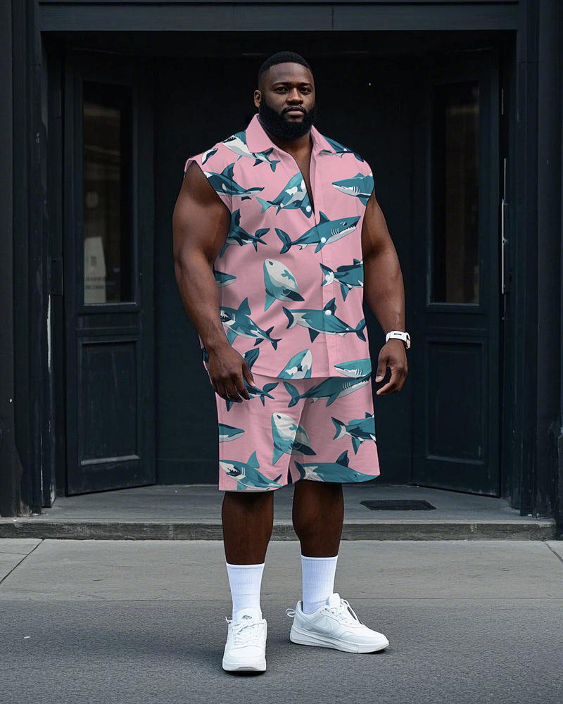Big Men's Hawaiian Casual Cartoon Shark All Over Printed Sleeveless Shirt and Shorts Set