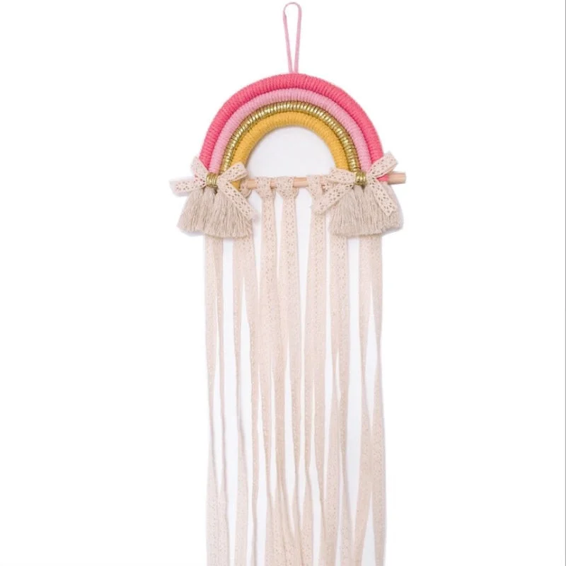 INS Nordic Rainbow Tassel Wall Hanging Ornaments Hair Bows Storage Belt Girls Room Decoration Hair Clips Hanger Organizer Strip