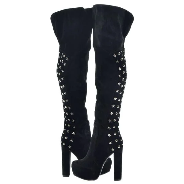 Black Thigh High Chunky Heel Platform Boots with Studs Vdcoo