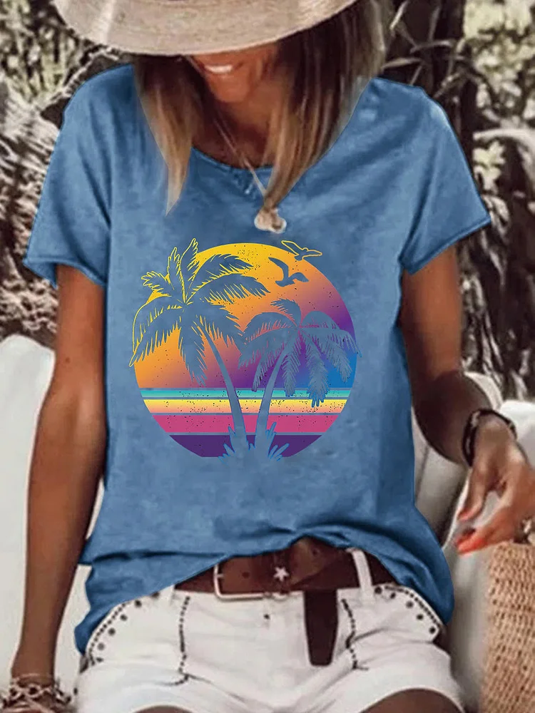 Palm Tree Beach Raw Hem Tee -01458