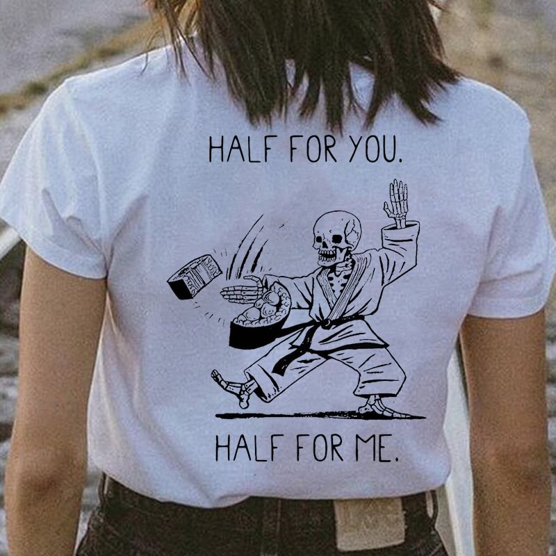 Half For You Half For Me Skull Printed Cozy White T-shirt - Krazyskull