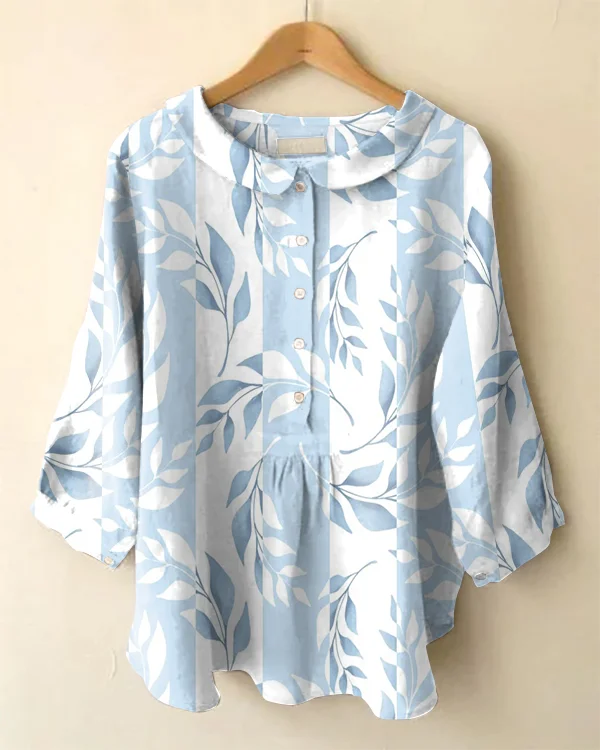 Vintage Botanical Print Peter Pan Collar Long Sleeve Shirt