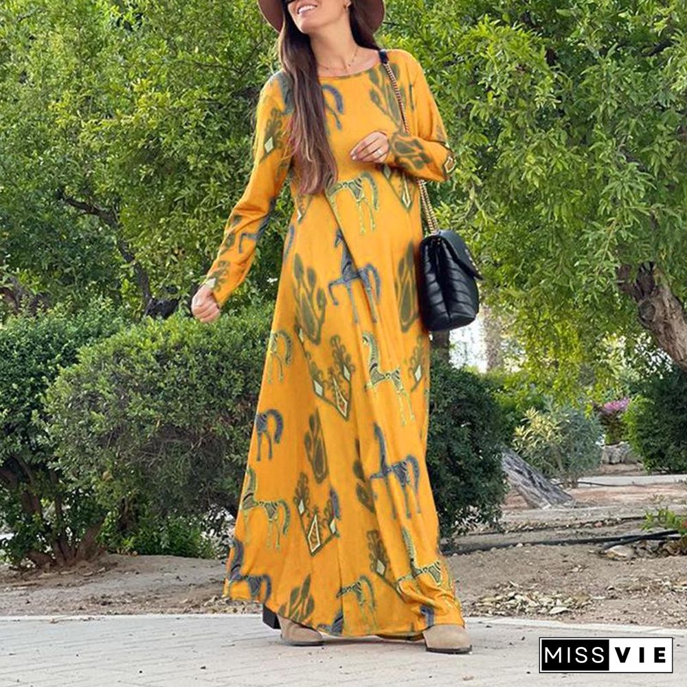 Simple Round Neck Printed Yellow Dress