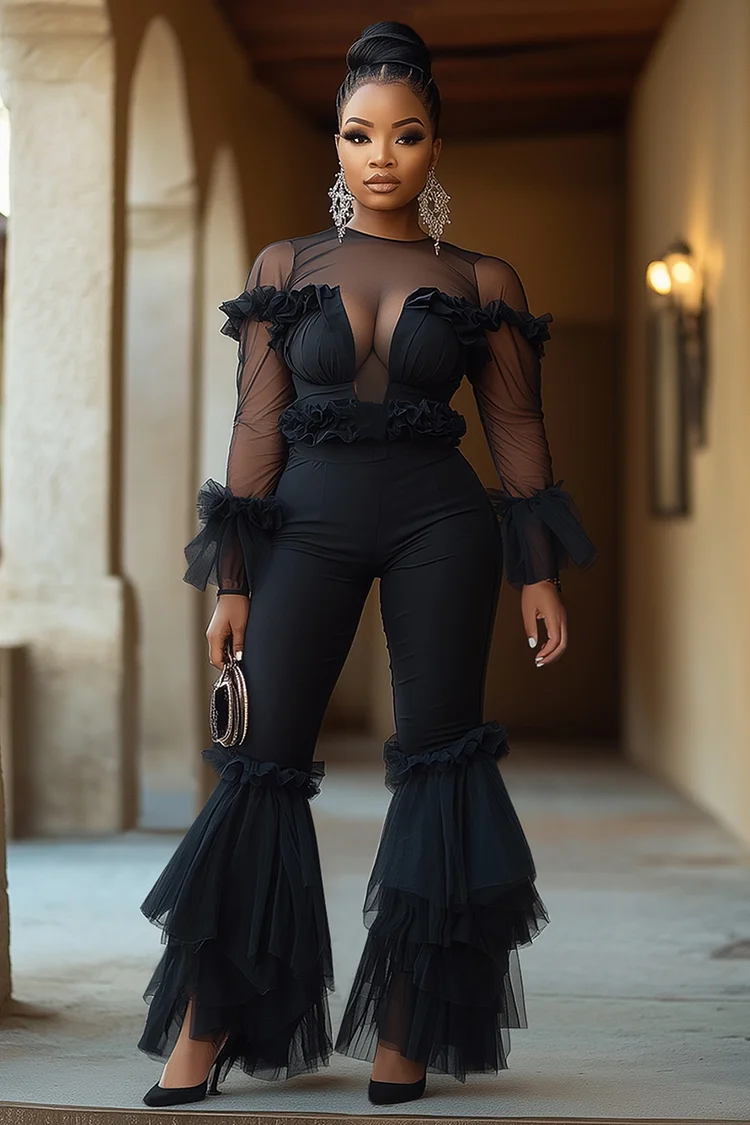 Mesh Patchwork Round Neck Ruffle Layered Flare Leg Jumpsuit-Black [Pre Order]