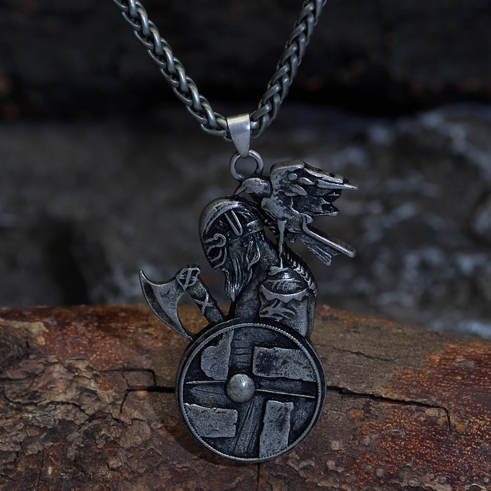 Nordic Mythology Odin Raven Pendant Round Shield Battle Axe Alloy Necklace