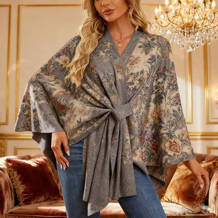 🔥Vintage printing Elegant Shawl Wraps Soft Open Front Poncho Sweater 