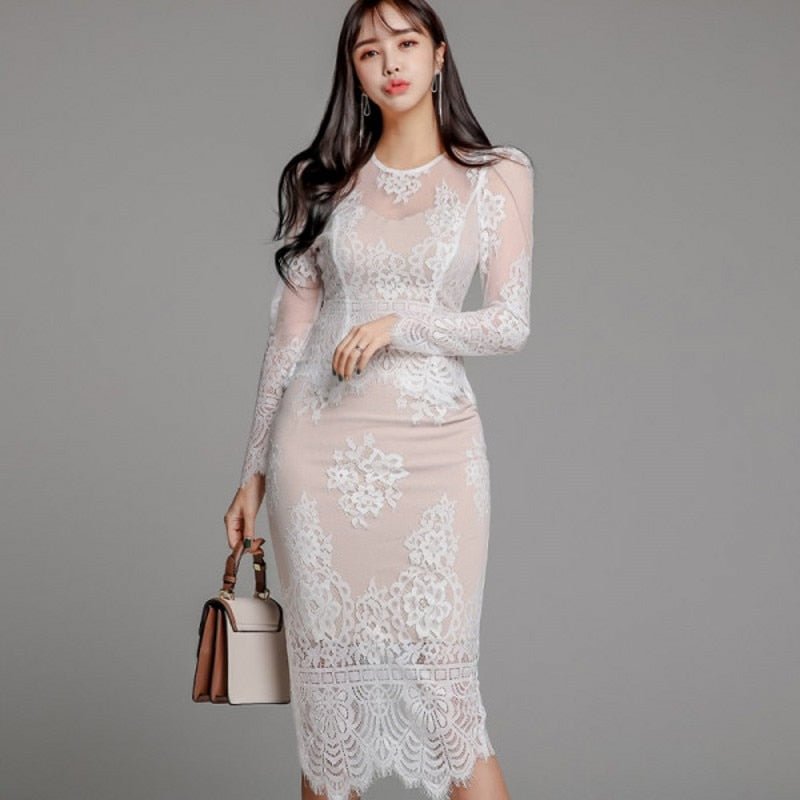 Spring Two Piece Set 2021 New Fashion Women Sexy Hollow Out  Lace Tops+Office Ladies Bodycon Pencil Skirts Suit
