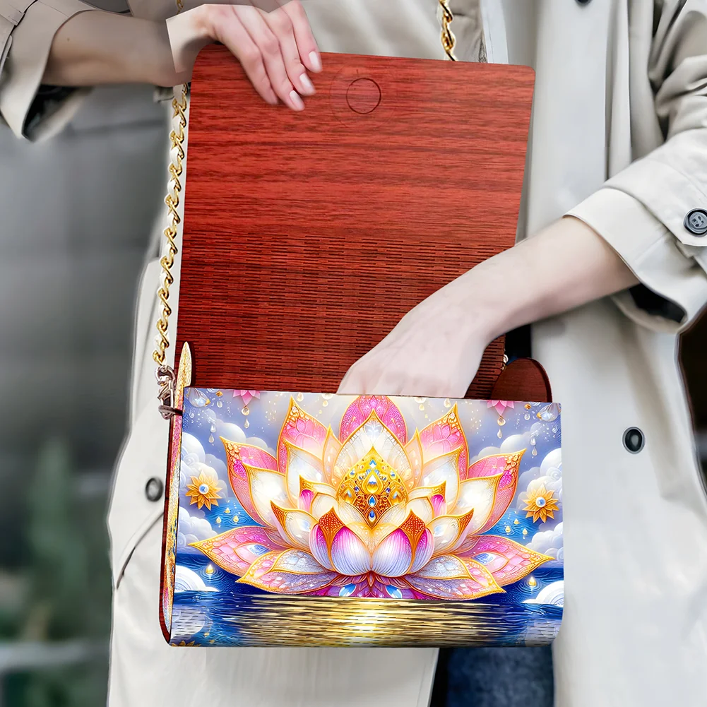 DIY Lotus Diamond Art Wooden Coin Pouch with Chain 5D Diamond Painting Purse