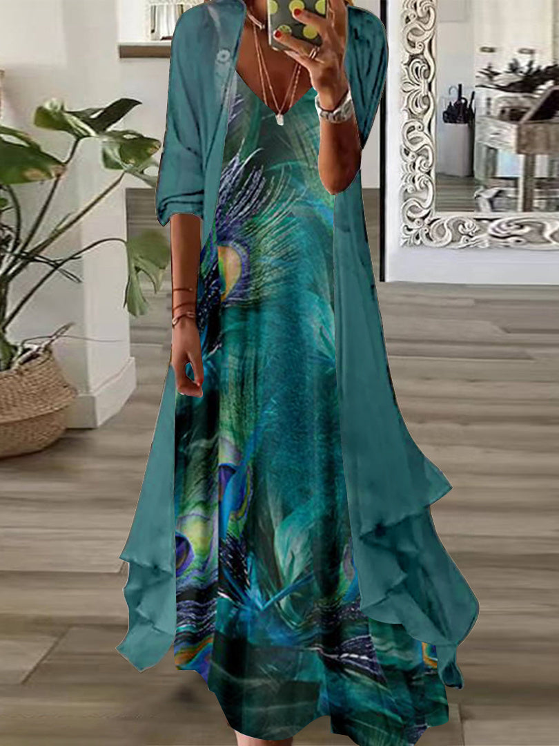 Women's Long Sleeve V-neck Graphic Printed Two Pieces Maxi Dress
