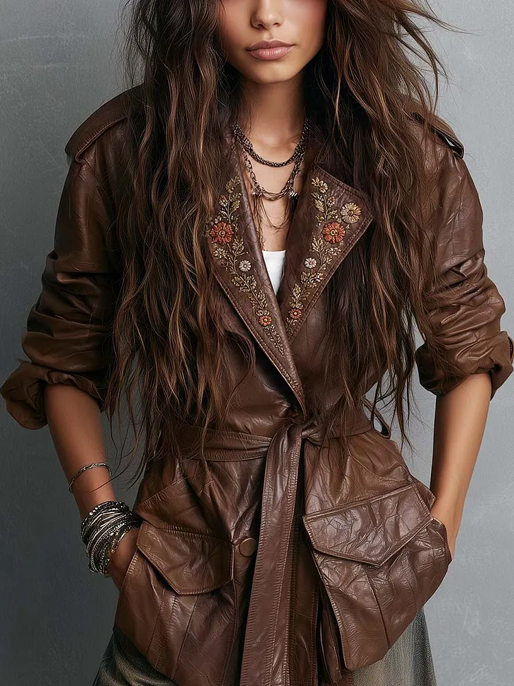 Boho Brown Floral Embroidered Tie-Waist Jacket