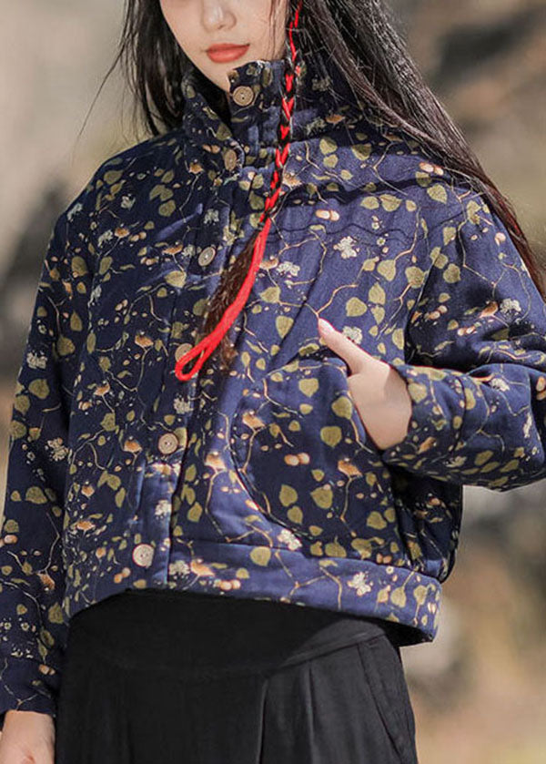 VCSHOES Blue Stand Collar Print Cotton Filled Jacket In Winter