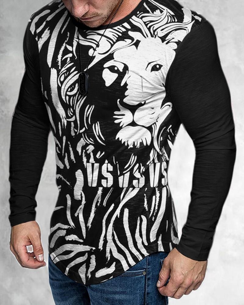 Men's Casual Long Sleeved  Black-White Lion Printing T-shirt