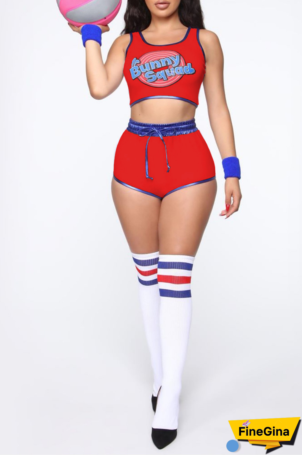 White Party Print Patchwork U Neck Sleeveless Two Pieces