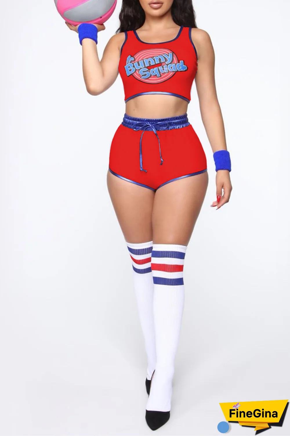 White Party Print Patchwork U Neck Sleeveless Two Pieces