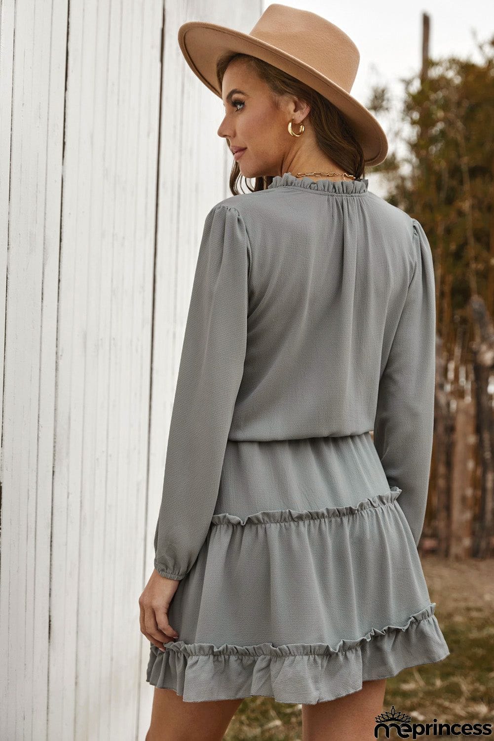 V Neck Long Sleeve Ruffle Tiered Mini Dress