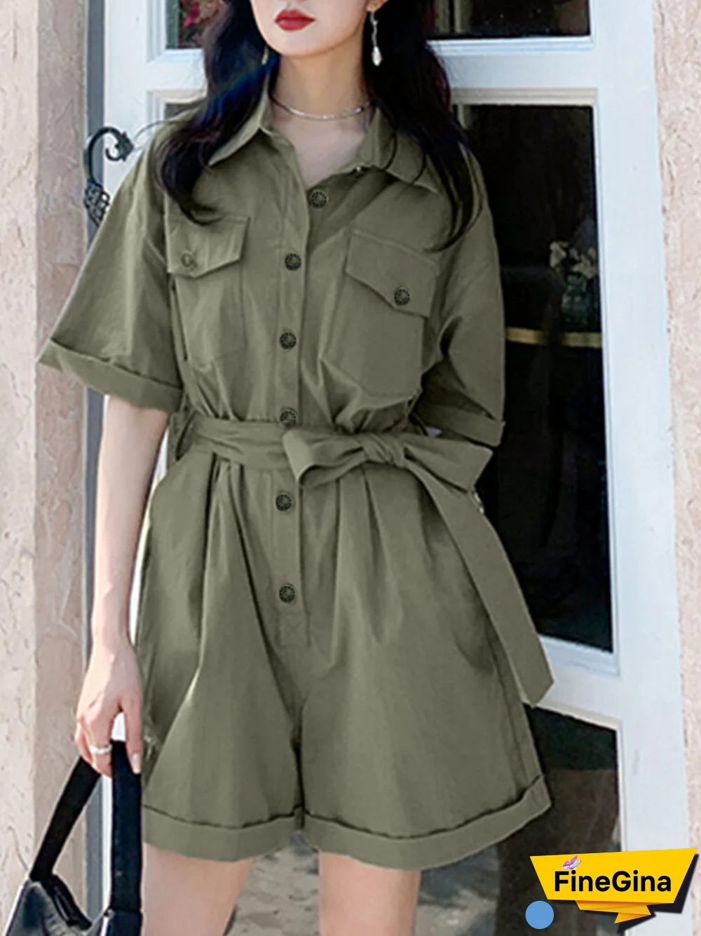 Solid Pocket Button Lapel Short Sleeve Wide Leg Cargo Romper