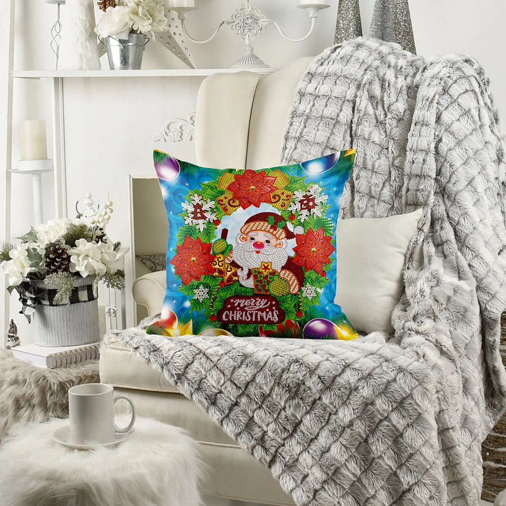 DIY Diamond Painting Pillow Case - Santa Wreath(30*30cm)(Single Side)