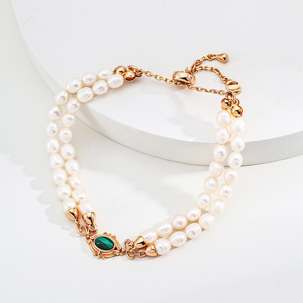 Double Strand Malachite Pearl Gold Plated Bracelet