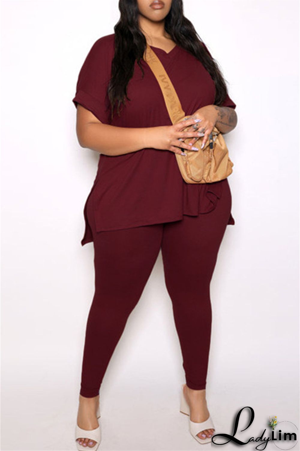 Tibetan Blue Fashion Casual Solid Slit V Neck Plus Size Two Pieces