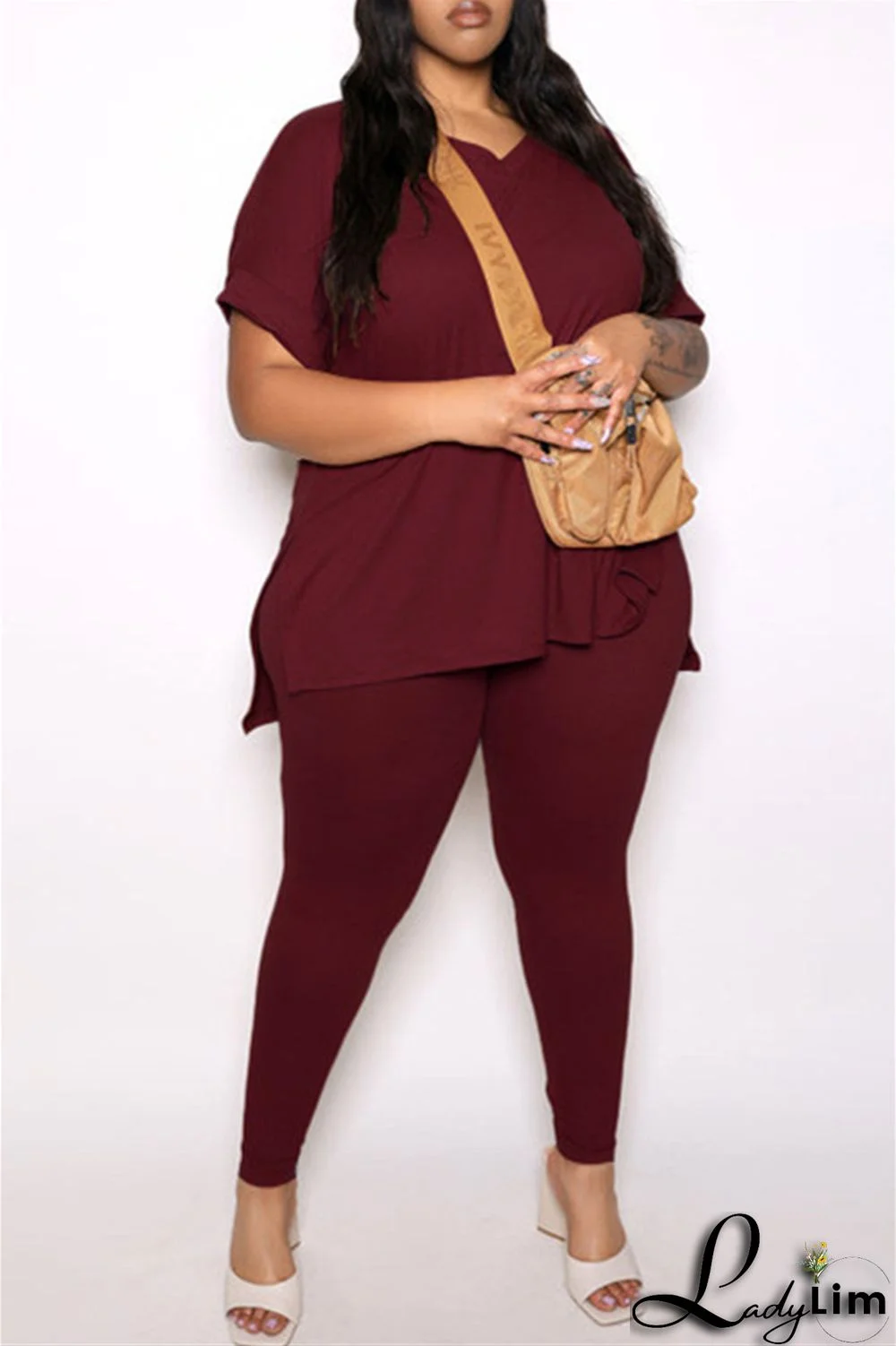 Tibetan Blue Fashion Casual Solid Slit V Neck Plus Size Two Pieces