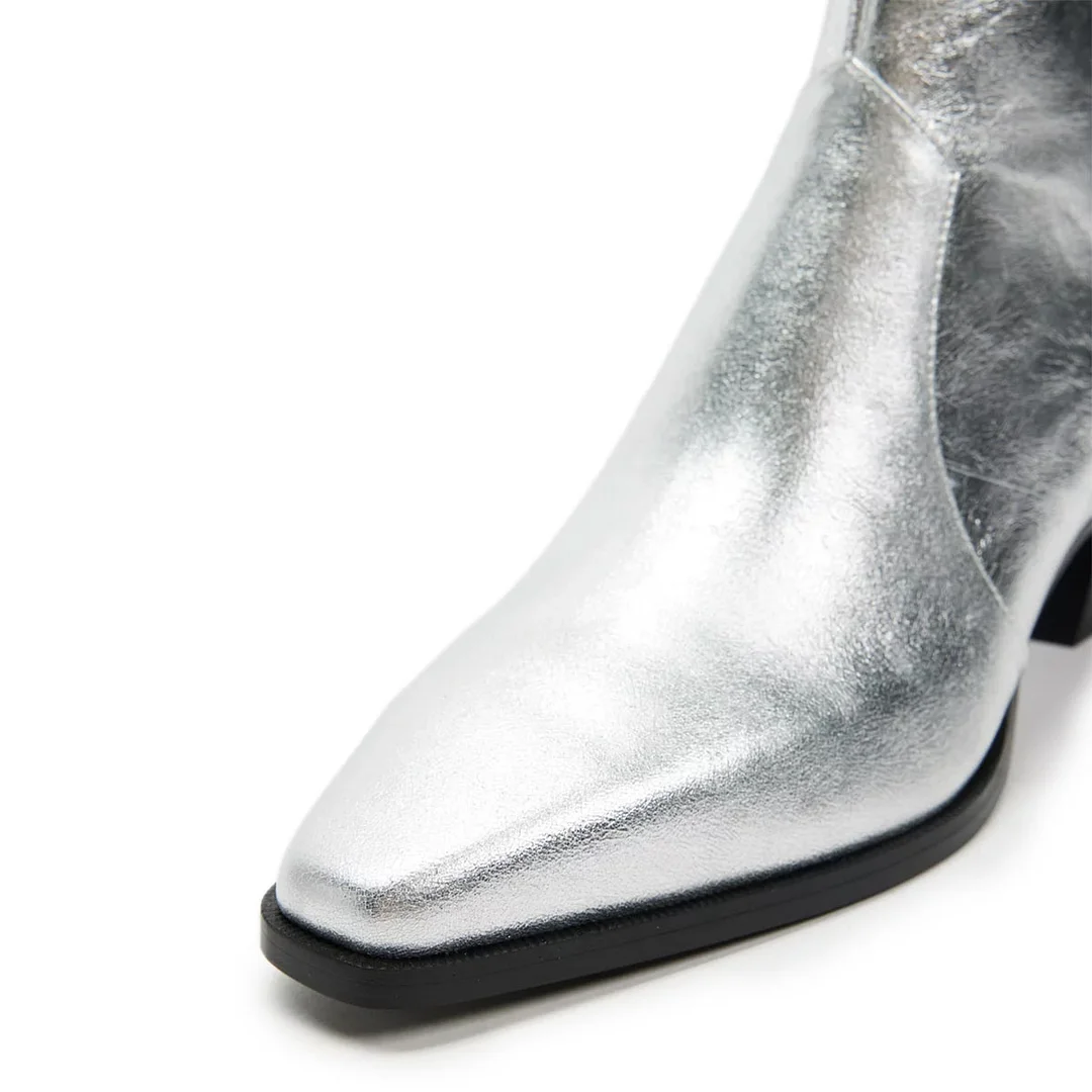 Silver Snip Toe Vegan Leather Back-Zip Ankle Boots with Block Heel