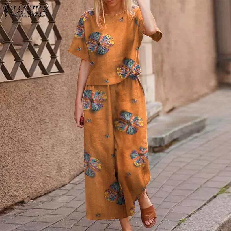 2022 Summer Floral Wide Leg Tracksuits Female Women Casual Cotton Matching Sets ZANZEA Bohemian Printed Short Sleeve Pant Sets