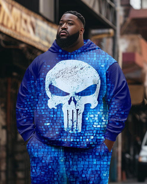 Men's Large Size Blue Checkered Skull Hoodie Two Piece Set