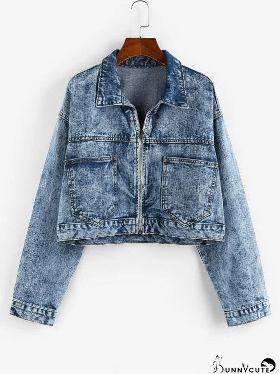 Pockets Zipper Drop Shoulder Denim Jacket for Women
