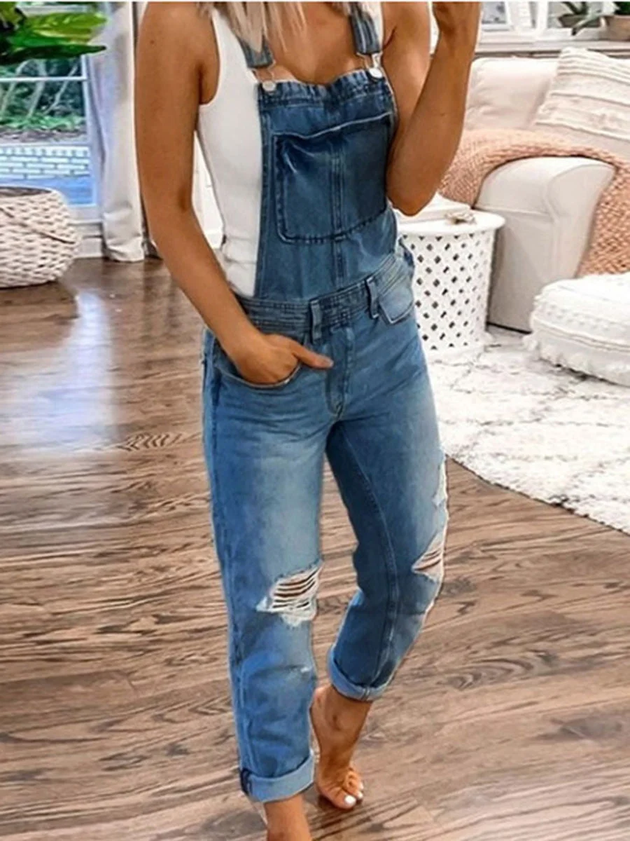 Worn Out Denim Jumpsuits with pockets